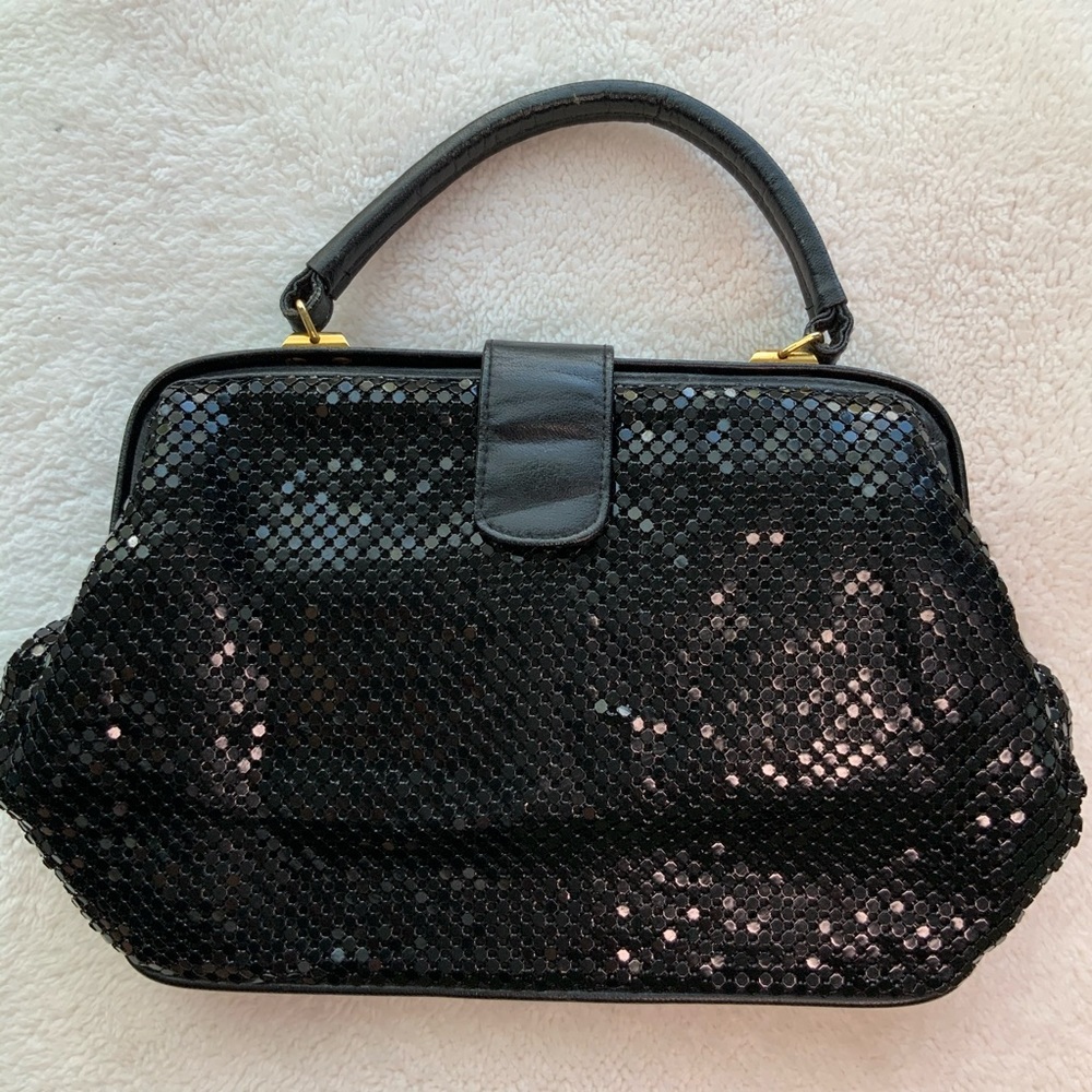 Vintage Satchel Bag Black Mesh Evening Holiday Hinge Close